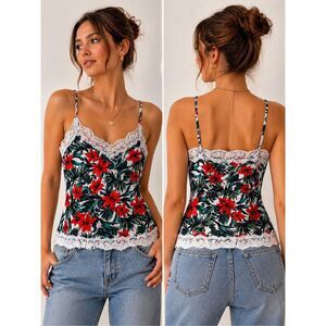 Tezenis Womens Cami Top Floral Red Green Lace Trim Spaghetti Strap Size L